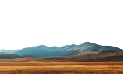 Vast autumn empty landscape with mountain range in the distant horizon. Isolated transparent background PNG. Dry grassland. 