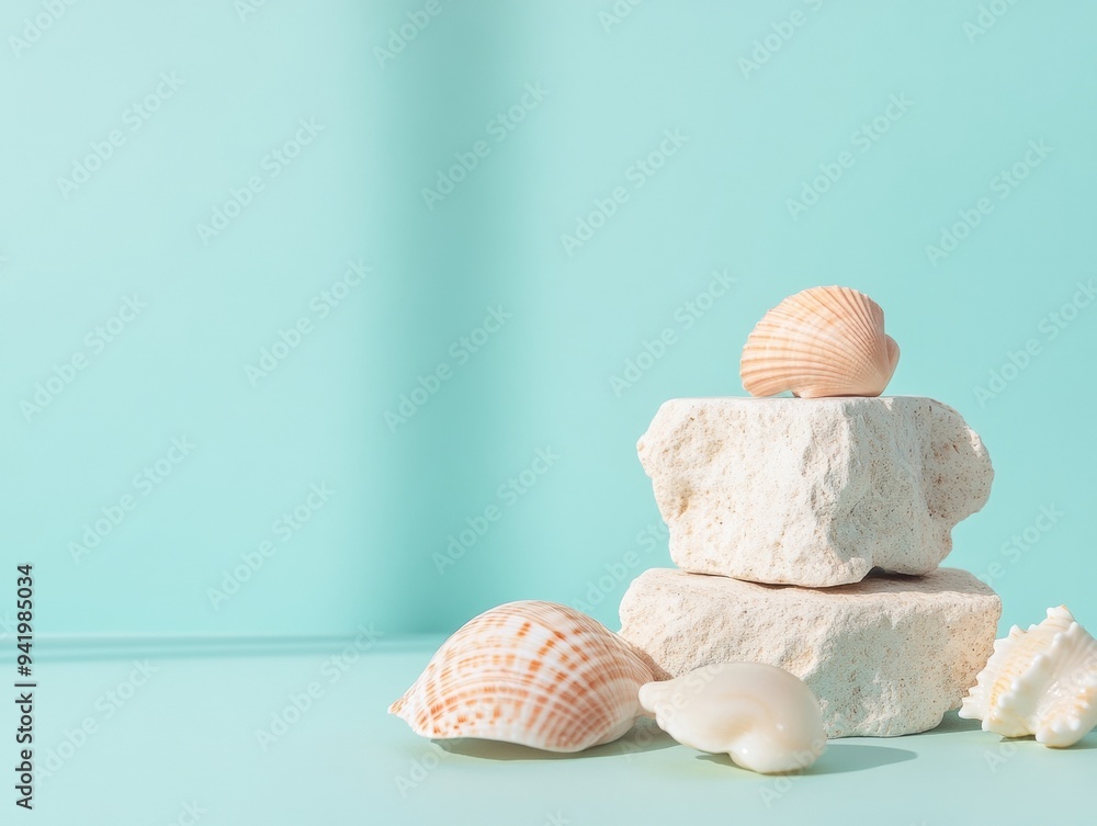 Poster serene pastel seashell arrangement on smooth blue surface with soft natural light creating a tranqui