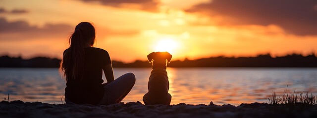A woman and her dog watching the sunset over water. The sky is a beautiful orange, with stunning colors