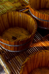 Wooden buckets. Handwork. Decorative element