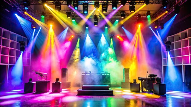 Vibrant stage setup with colored lights, fog machines, and sleek modern equipment, ready for a dynamic live performance or corporate event.