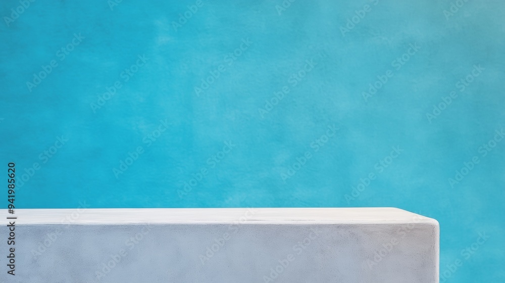 Poster minimalist light blue stucco table with blurred tranquil beach in background - ideal for product dis