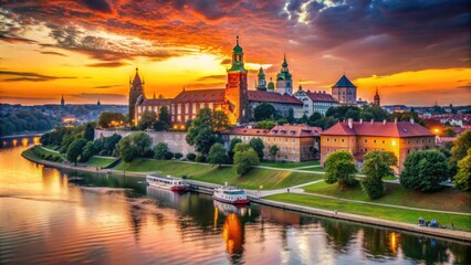 Obraz premium Vibrant sunset casts a warm glow on Krakow's historic cityscape, showcasing majestic Wawel Castle and Vistula River in picturesque Poland landscape.