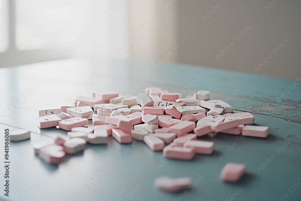 Poster minimalist graph of pastel pink calm toy mice on gentle waves table - a serene and contemporary aest