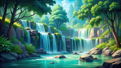 Vibrant turquoise waterfall cascades down layered rocky cliffs, surrounded by lush greenery and misty atmosphere, in a stylized and modern vector illustration setting.