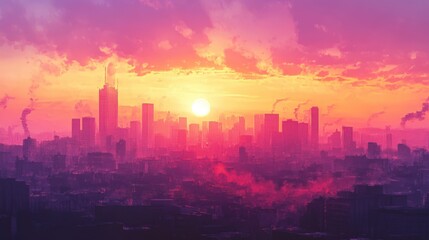 Cityscape at Sunset with Pink and Orange Hues