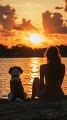 A woman and her dog watching the sunset over water. The sky is a beautiful orange, with stunning colors
