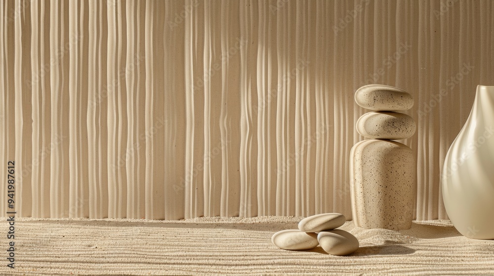 Poster modern minimalist soft beige concrete table surface for product display with zen garden decor in ser