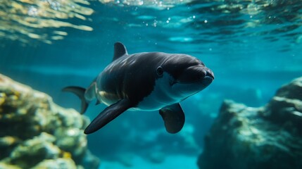 Fototapeta premium Critically Endangered Vaquita Exploring Rocky Coastal Waters, Rare Marine Mammal Seeking Food, Threatened Species in Rugged Underwater Terrain