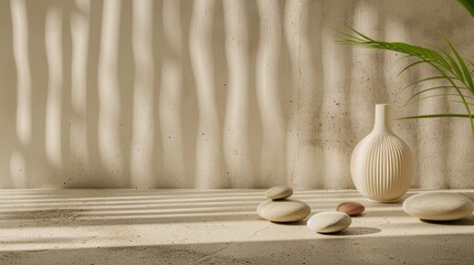 Minimalist Modern Zen Garden-Style Soft Beige Concrete Table with Smooth Pebbles and White Vase in Serene Ambient Light