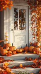 Obraz premium Peaceful Autumn Porch: Photorealistic Pumpkins and Colorful Foliage