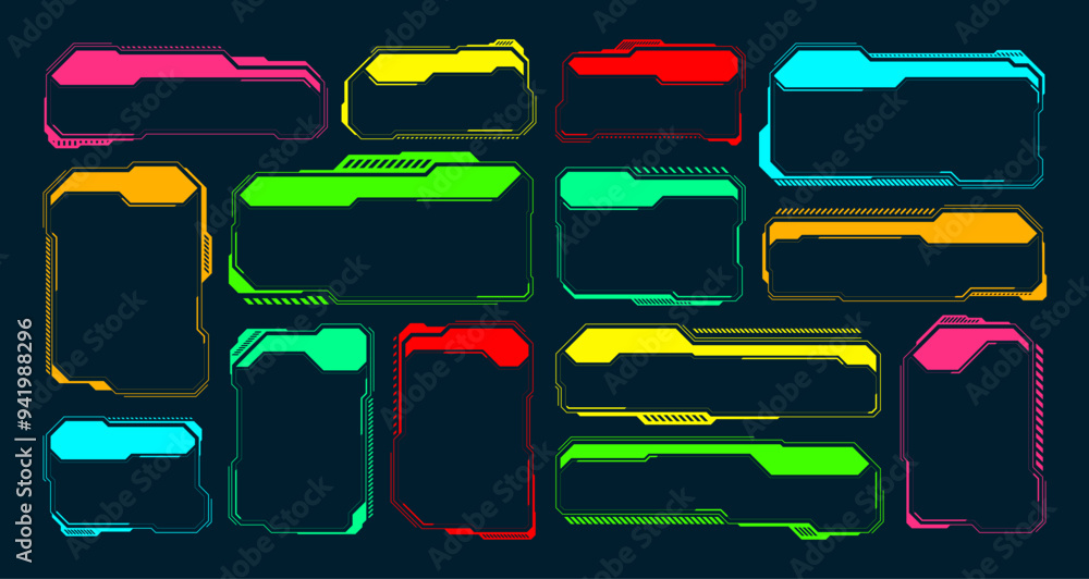 Poster futuristic hud or ui elements. sci-fi user interface text boxes, callouts. colorful warning message 