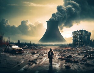 Man walking in post-industrial area. Generated image