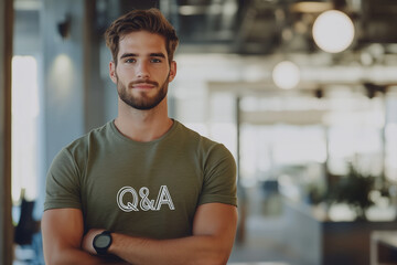 Fototapeta premium Young man wearing a Q&A polo shirt in an office, questions and answers sign for a meeting, fit strong handsome professional with large smile bearded brown red hair, happy employee in corporate company