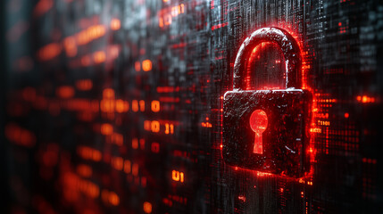 A cracked padlock icon in red on a background of binary code.