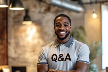 Young black man wearing a Q&A polo shirt in an office, questions and answers sign for a meeting, fit strong professional with large smile, bearded, brown, happy employee in corporate company