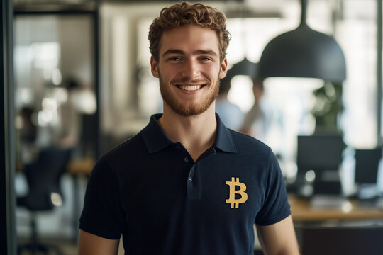 bitcoin sign on a polo shirt of a young man standing in an office, fit handsome smiling blond bearded professional with large smile, happy employee in corporate blockchain crypto company