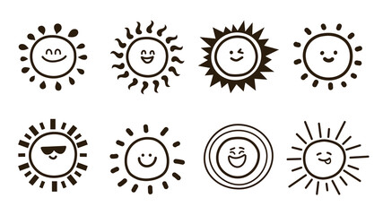 Set of funny cute smiling suns. Doodle style vector illustration