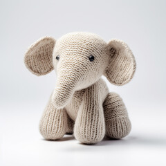 A knitted beige elephant toy sits against a white background. Concept of handmade, childhood, toys.