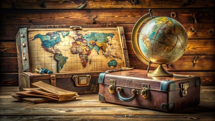 Vintage suitcase and globe on rustic wooden table, surrounded by maps, tickets, and travel guides, evoking a sense of adventure and exploration planning.