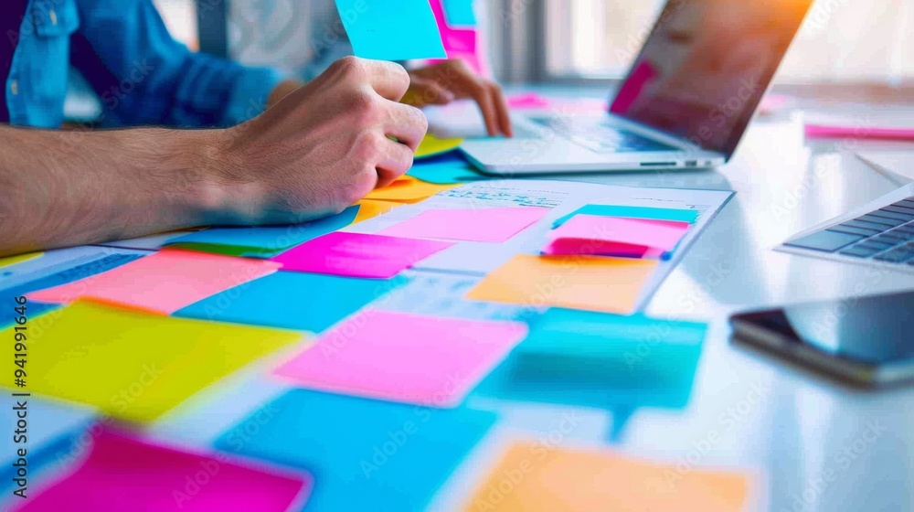 Leinwandbilder dynamic diverse young adults brainstorming in modern workspace with colorful post-it notes and lapto