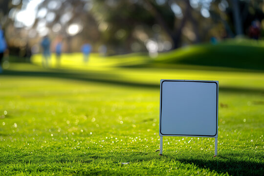 blank banner or yardsign in golf course. blurred Golf players in the background. tournament is being played.