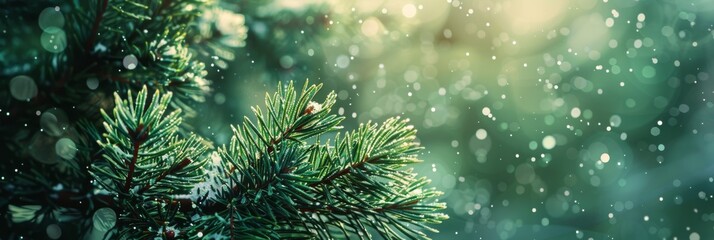 A close-up of snow falling on a pine branch, capturing the essence of a serene winter scene. Ideal for holiday themes and nature-inspired projects. Ideal for seasonal greetings and festive content.