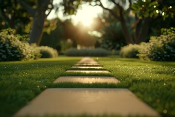 Fototapeta premium Elderly Care Home Garden at Dawn Tranquil Paths and Lush Greenery for Senior Wellness
