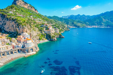 Naklejka premium Atrani on Amalfi Coast, Italy. Aerial photo of famous city Atrani located on Amalfi Coast in Italy