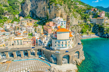 Atrani on Amalfi Coast, Italy. Aerial photo of famous city Atrani located on Amalfi Coast in Italy