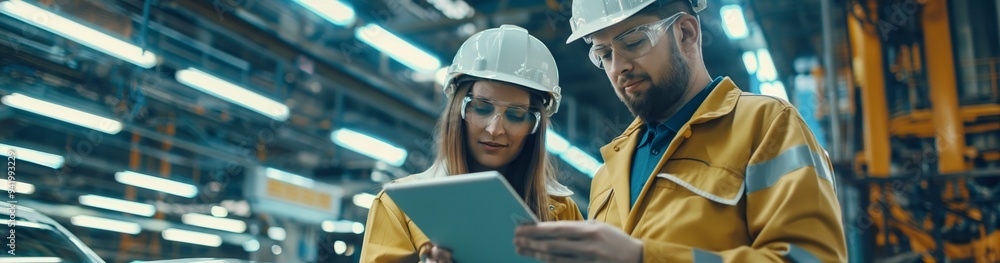 Poster two industrial engineers in protective gear discuss a project while examining a tablet in a high-tec