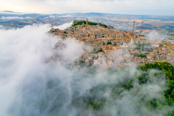 Aerial view of historic town of Erice near Trapani. Castello di Venere, Sicily, Italy.
