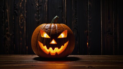 Carved jack-o-lantern pumpkin lights up dark wood on Halloween night