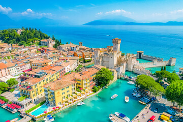 Fototapeta premium Rocca Scaligera Castle in Sirmione Lake Garda, Italy. Lago di garda