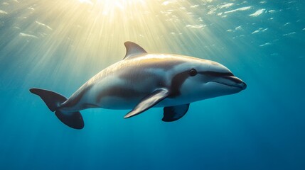 Naklejka premium Rare Vaquita Porpoise in Natural Habitat, Critically Endangered Species, Searching for Prey, Sunlit Marine Environment, Conservation Efforts