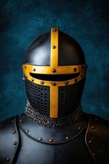 A close-up of a medieval knight helmet featuring intricate details and a striking gold cross design on a dark background.