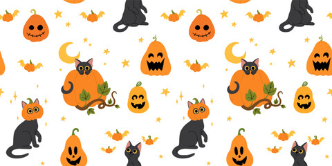 Cute black cat hiding behind a Halloween pumpkin and leaves, black cat with pumpkin on head, cat standing playing with flying pumpkins. Flat cartoon vector seamless pattern for halloween.