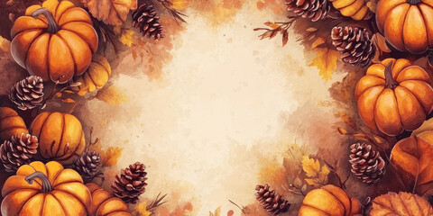 Fototapeta premium An autumn frame with pumpkins, pinecones, and colorful fall leaves on a soft textured background, creating a cozy and rustic seasonal atmosphere perfect for fall, harvest, and Thanksgiving themes.