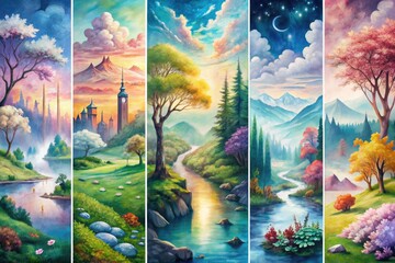 Watercolor Ethereal Dreamscape: Lyrical panels painted with watercolor, evoking ethereal and dreamlike landscapes.