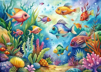 Fototapeta premium Watercolor Pisces Dream: Whimsical, painterly underwater scene with vibrant fish and abstract ocean plants.