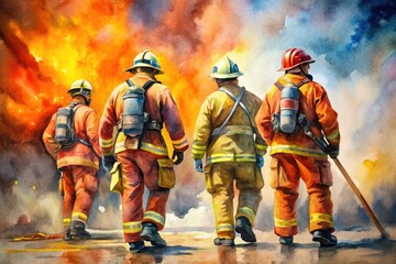 Watercolor Valor: Soft brushstrokes, vibrant colors, abstract portrayal of firefighters' bravery