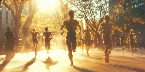 Golden figures running in sunlight.