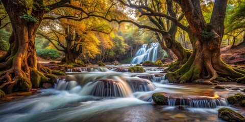 Obraz premium Water's Embrace in Ancient Woods: Ancient trees, cascading streams, mystical ambiance, deep browns, flowing water textures