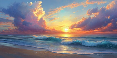 Sunset over calm ocean with breaking wave.