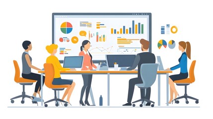 A group of people working together in front of a screen, with vector illustrations and a flat design style, against a white background