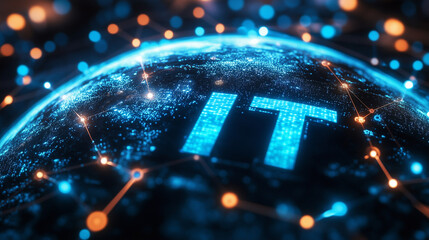 "IT" inscribed on a digital globe with satellite connections, symbolizing global information networks.