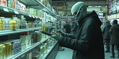 Alien in a supermarket aisle reaches for items.