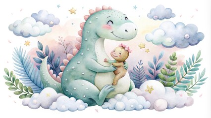 Whimsical watercolor illustration depicting a gentle dinosaur tenderly holding a smiling baby, surrounded by soft, dreamy clouds and subtle botanical elements in pastel hues.