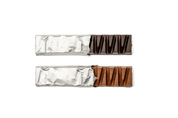 Two chocolate bars with foil wrappers on them. One is white and the other is brown