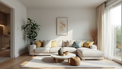 Fototapeta premium Parisian apartment. Scandinavian interior design of modern living room, home french decor luxury comfortable indoors house lounge architecture and white wall nordic decoration with pillows wood table.